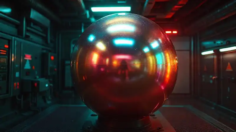 Esfera metálica brillante en laboratorio futurista