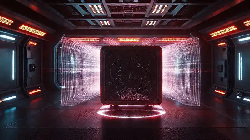 Objeto cúbico misterioso en laboratorio futurista