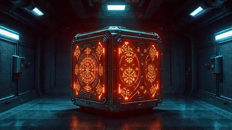 Cubo metálico misterioso en recámara futurista