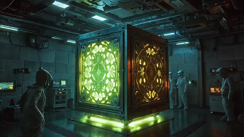 Cubo metálico misterioso en instalación secreta
