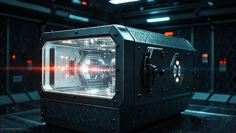 Contenedor metálico futurista con energía inestable