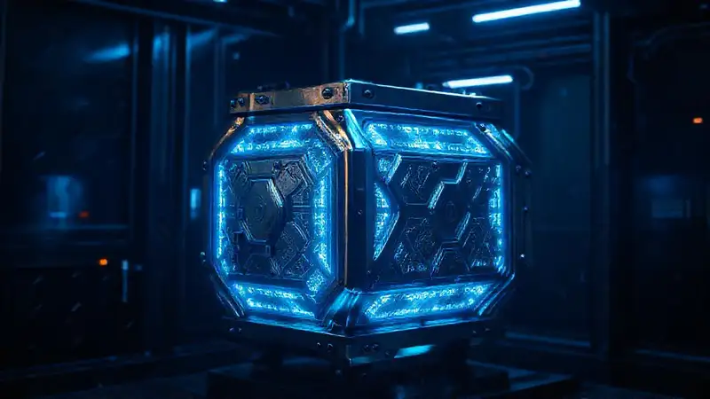 Contenedor futurista con efectos electromagnéticos brillantes