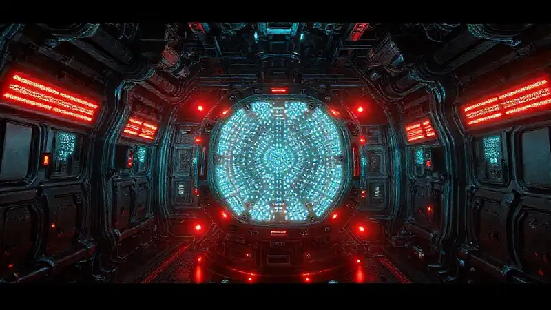 Estructura futurista con luz y advertencias
