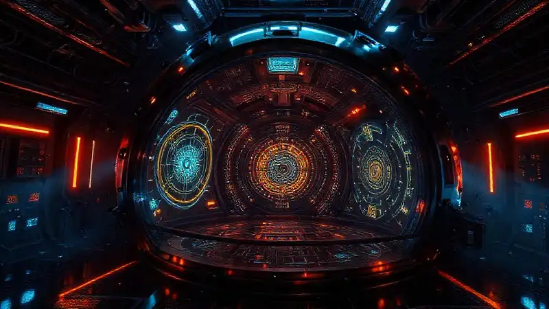 Estructura metálica futurista en laboratorio oscuro