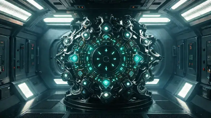 Estructura fractal metálica en laboratorio futurista