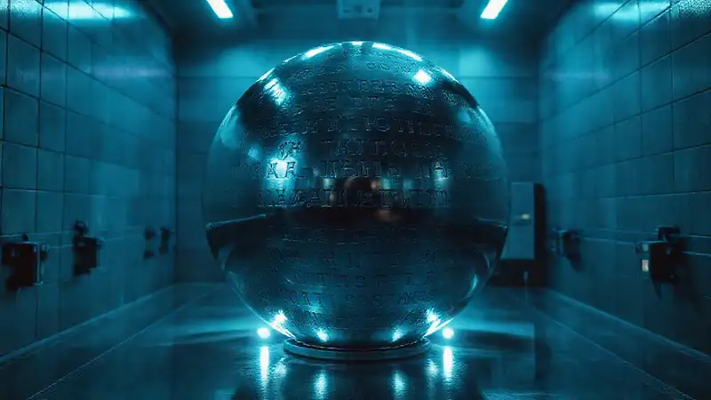 Esfera metálica brillante en cámara de confinamiento
