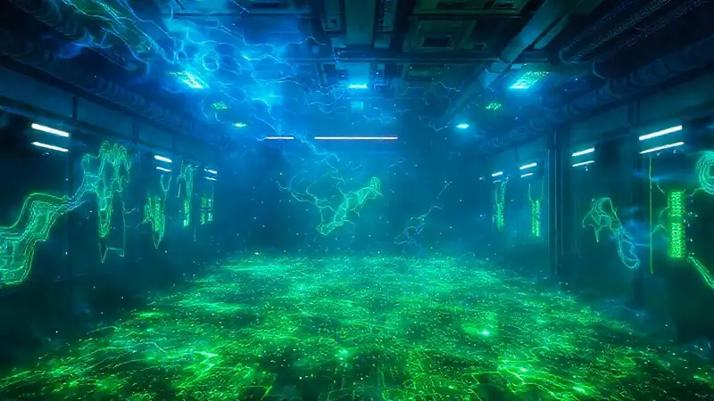Campo alterno, patrones brillantes, entorno futurista misterioso