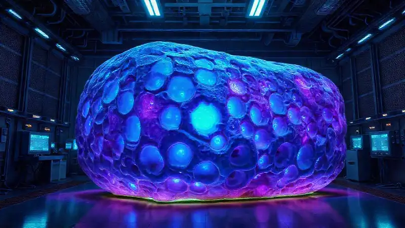Cápsula alienígena luminosa en laboratorio cerrado
