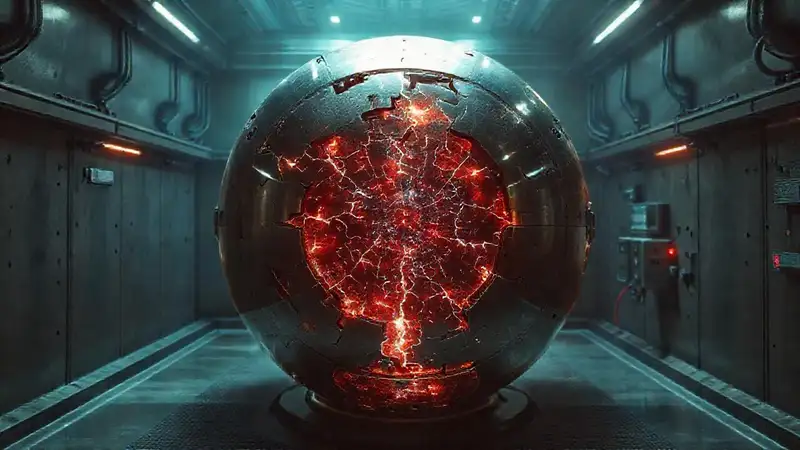 Esfera metálica fracturada en depósito futurista