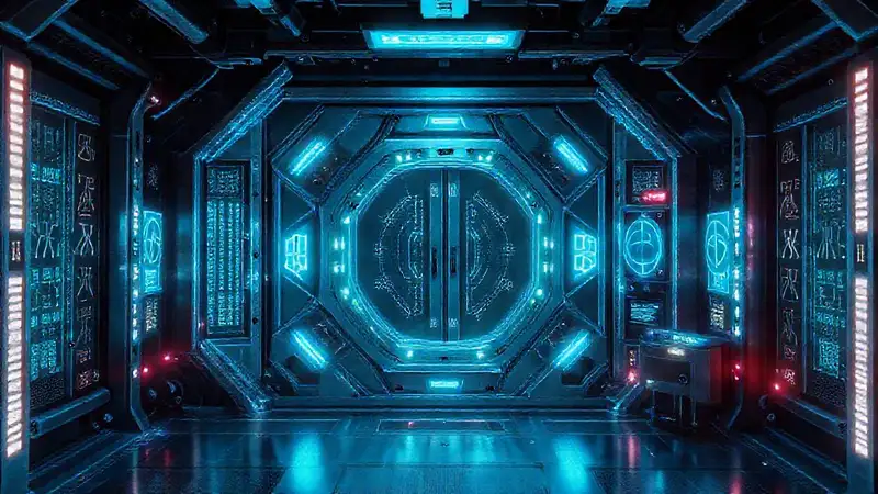 Estructura metálica futurista con símbolos y señales