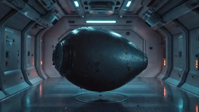 Objeto metálico misterioso en contenedor futurista