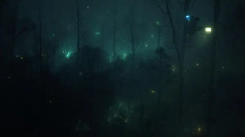 Bosque misterioso con fluctuaciones energéticas y seguridad