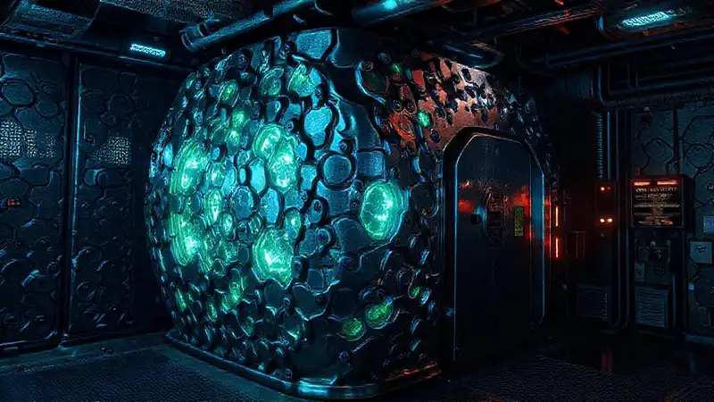 Estructura metálica futurista con patrones y advertencias