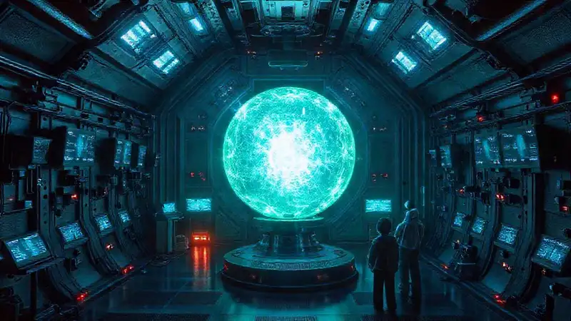 Esfera luminosa misteriosa en laboratorio futurista