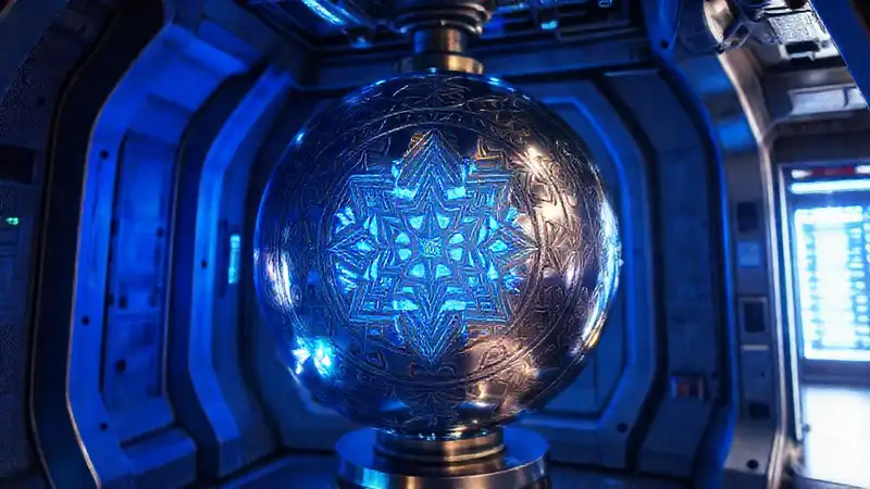 Esfera metálica brillante en contención futurista segura
