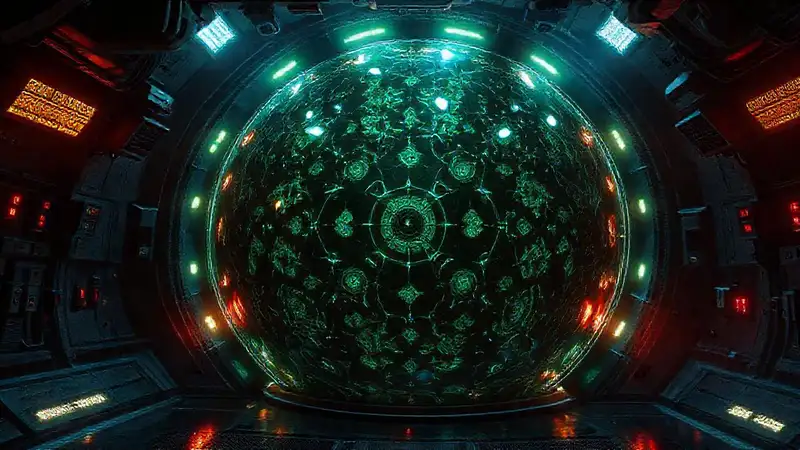 Esfera fractal luminosa en ambiente futurista vigilado