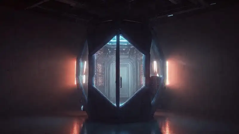 Estructura metálica luminosa en sala secreta futurista