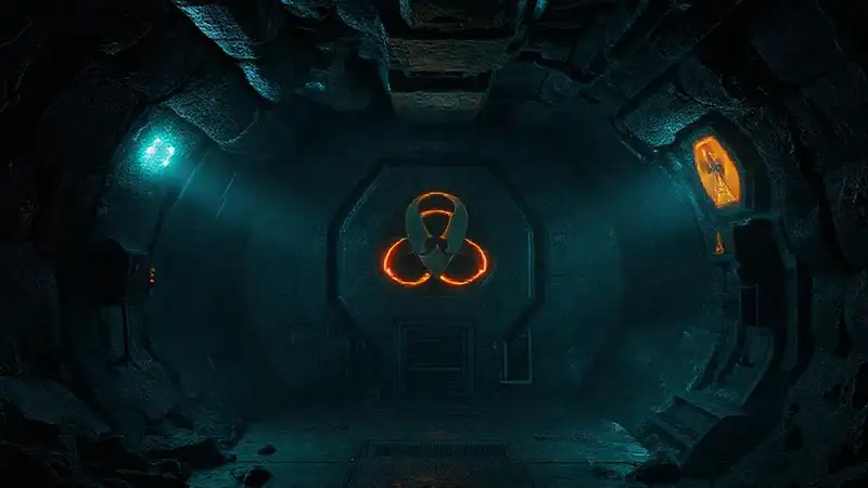 Sala subterránea futurista con energía y peligro