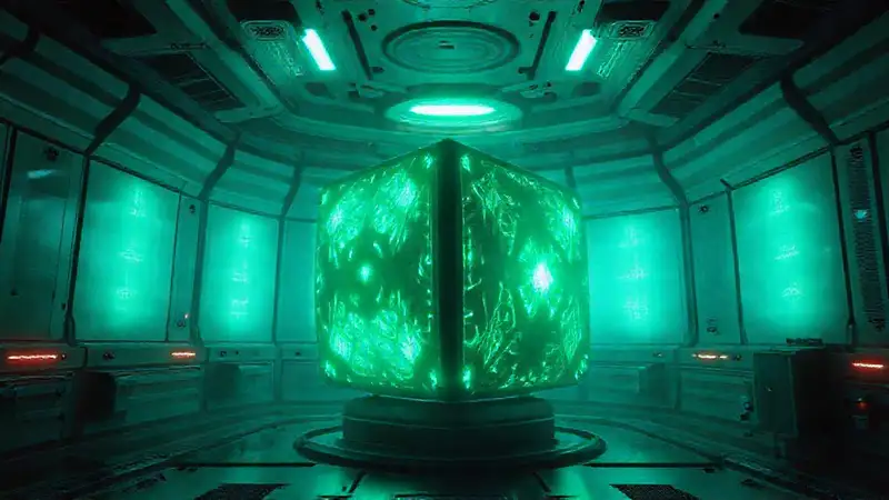 Objeto cúbico misterioso en ambiente futurista