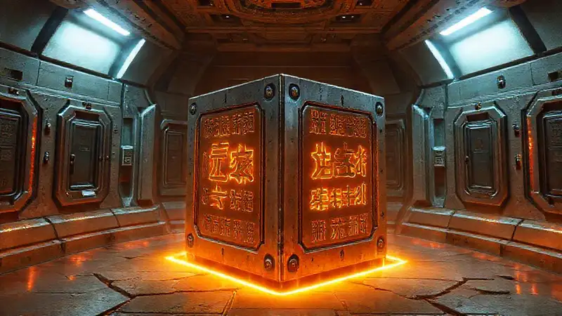 Cubo metálico con inscripciones y energía