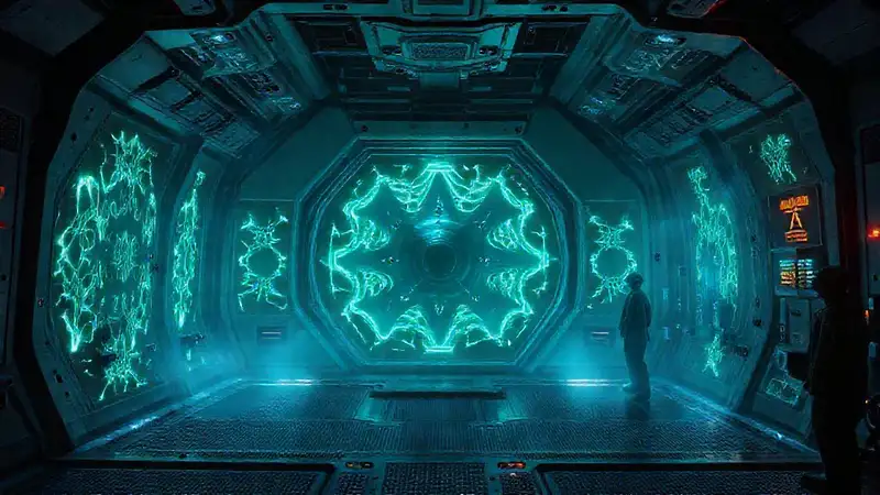 Sala segura con estructura geométrica y patrones brillantes