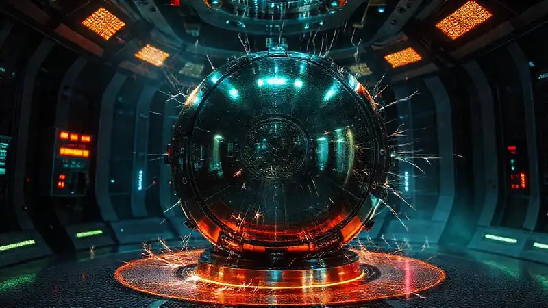 Esfera metálica con energía en laboratorio futurista