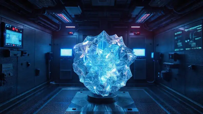 Cristal fractal iridiscente en sala tecnológica