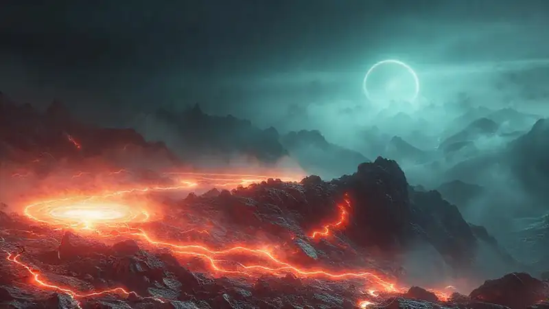 Anomalía magnética en paisaje surrealista y oscuro