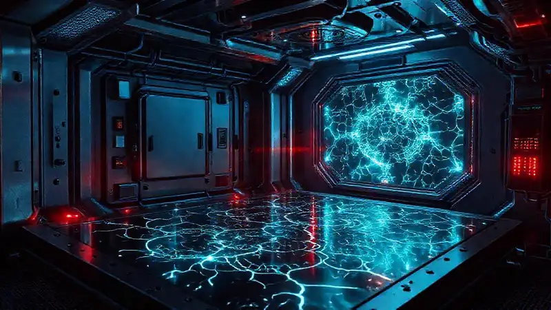 Cámara aislante futurista con patrones fractales y tensión