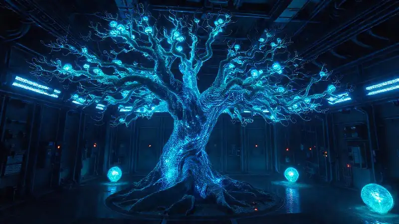 Árbol bioluminiscente en cámara de alta seguridad