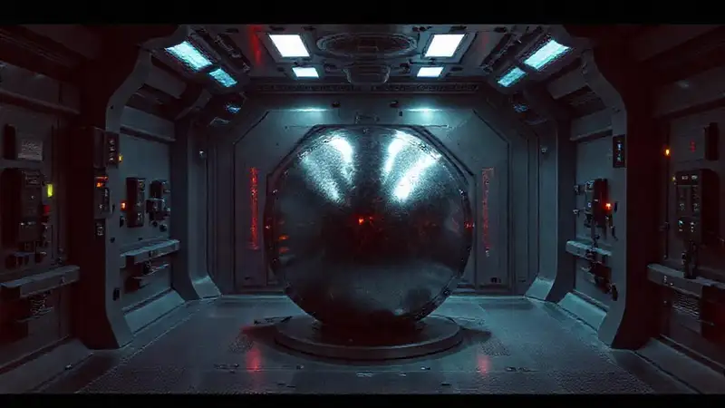 Cuarto seguro con objeto misterioso y tecnología avanzada