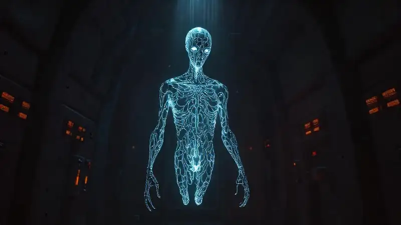 Figura humanoide brillante en entorno futurista