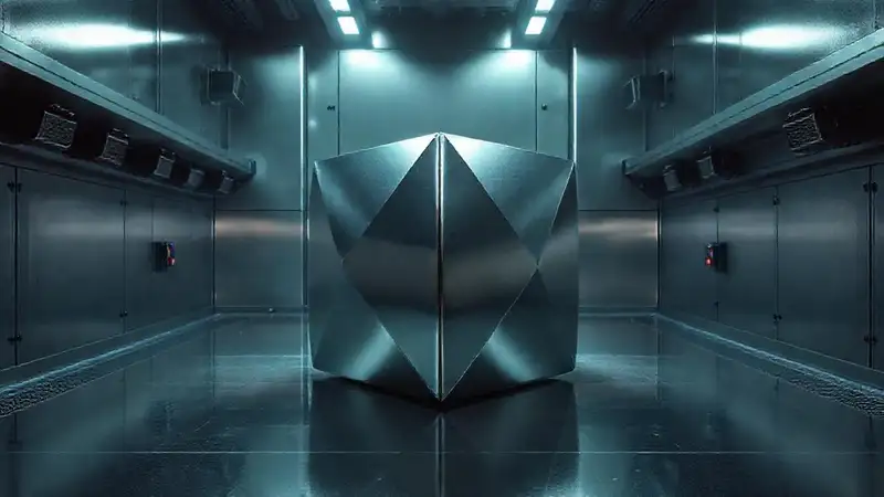 Objeto metálico alienígena en laboratorio futurista