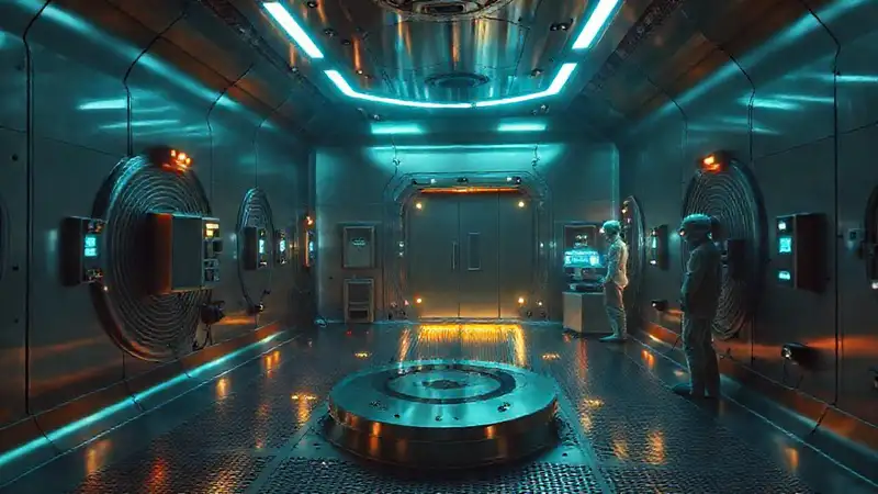 Sala futurista con sonidos y tecnología misteriosa