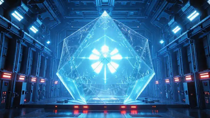 Prisma metálico futurista con energía y seguridad
