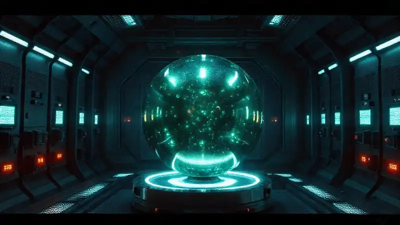 Esfera metálica brillante en laboratorio futurista