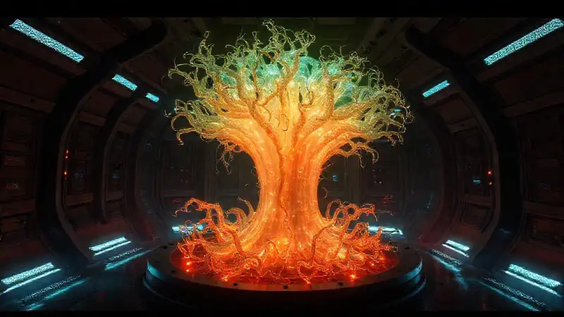 Estructura bioluminescente en entorno futurista seguro