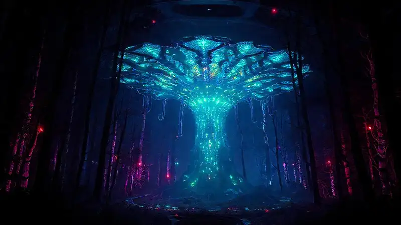 Entidad luminosa y enigmática en entorno futurista