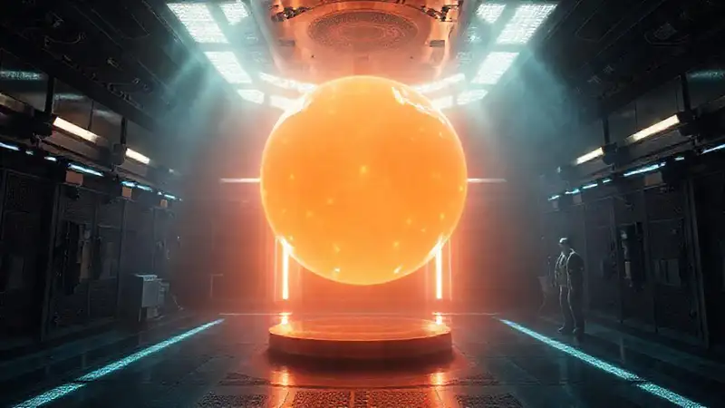 Orbe luminosa en contención futurista inquietante