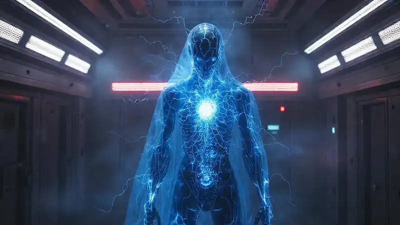 Figura humanoide en laboratorio futurista y seguro