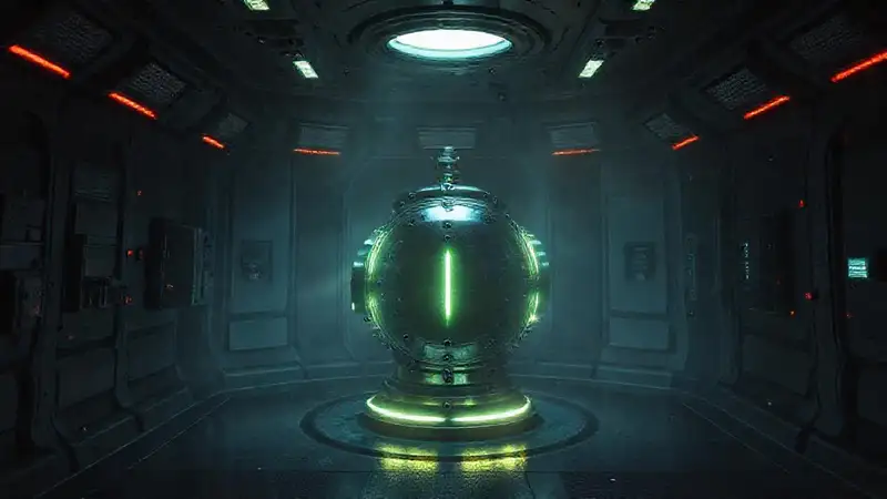 Cilindro metálico misterioso en sala futurista
