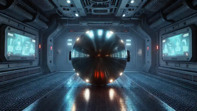 Objeto metálico misterioso en cámara futurista
