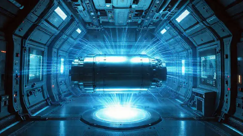 Cámara futurista con objeto metálico y energía