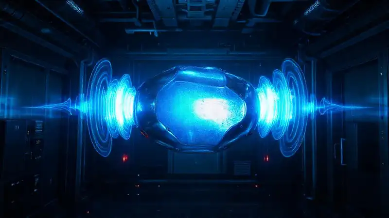 Estructura metálica flotante con fluorescencia azul