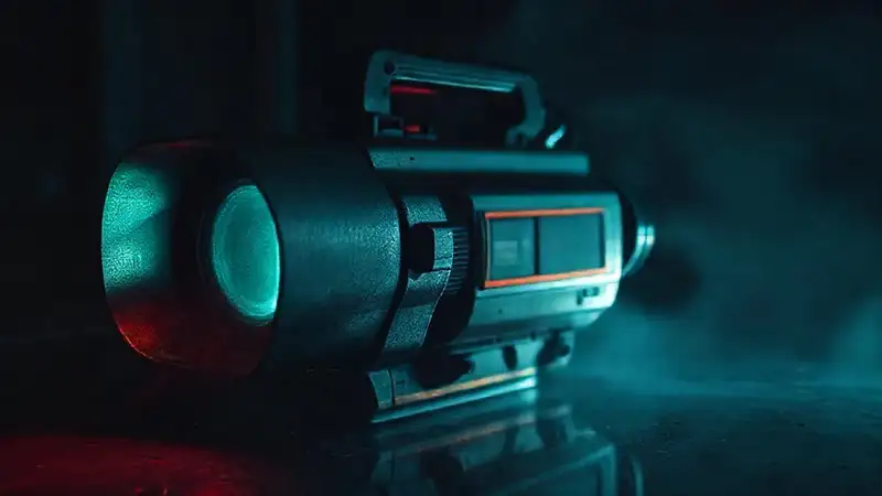 Videocámara vintage futurista con luz misteriosa