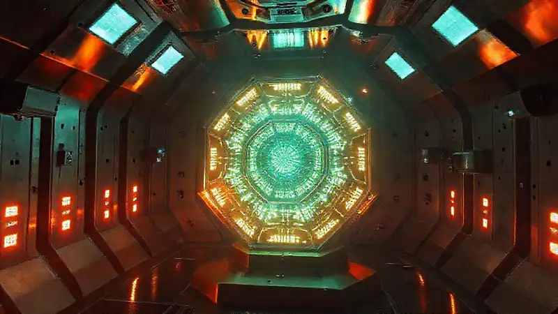 Estructura luminosa y futurista con atmósfera extraña