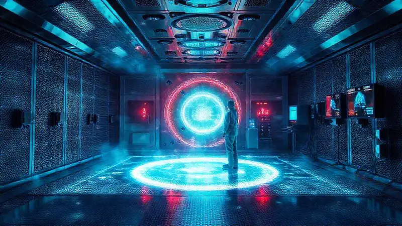 Sala blindada con científico y energía luminosa