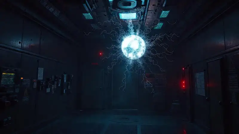 Esfera luminosa misteriosa en sala de seguridad