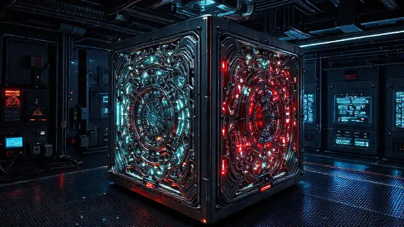 Cubículo metálico con patrones fractales y tecnología