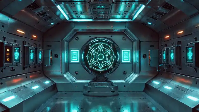 Cámara futurista con objeto alienígena brillante y tenso